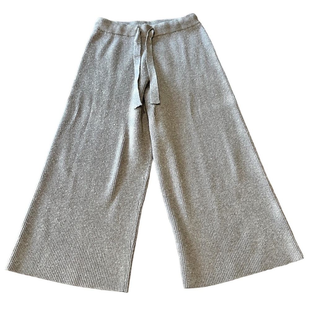 TOPFEELING Ladies Cropped Wide Leg Beige Drawstring Sweater Knit Gaucho Pants